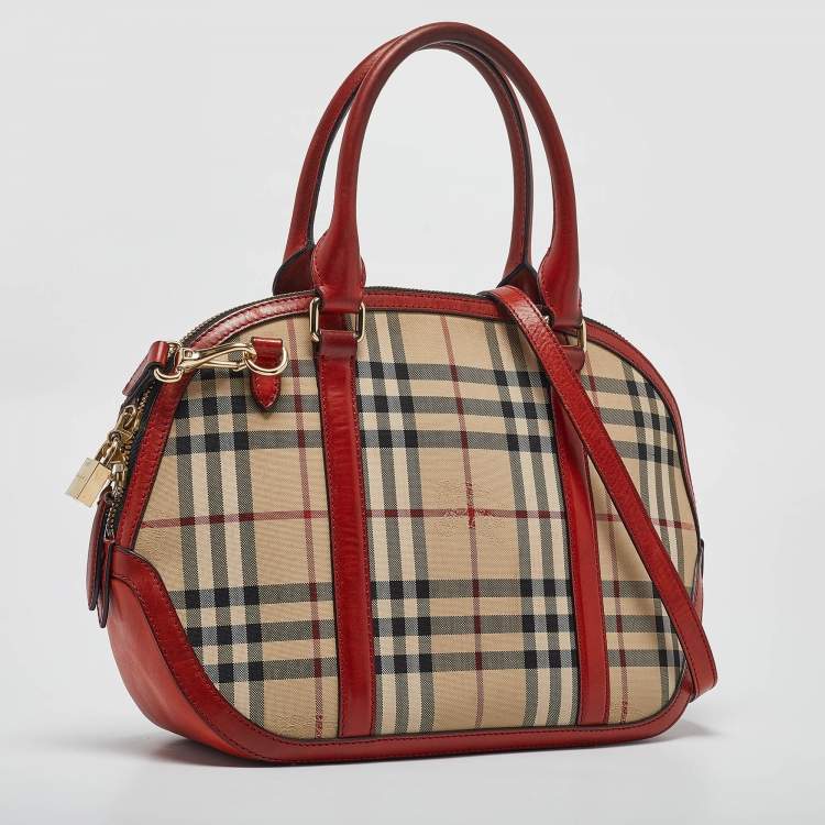 Pre Owned Burberry Beige/Red Haymarket Check Nylon and Leather Small Orchard Bag