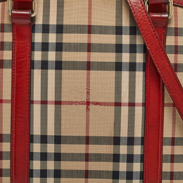 Pre Owned Burberry Beige/Red Haymarket Check Nylon and Leather Small Orchard Bag