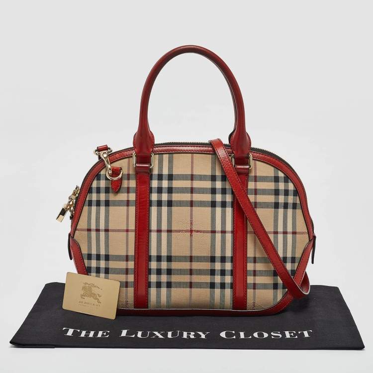 Pre Owned Burberry Beige/Red Haymarket Check Nylon and Leather Small Orchard Bag