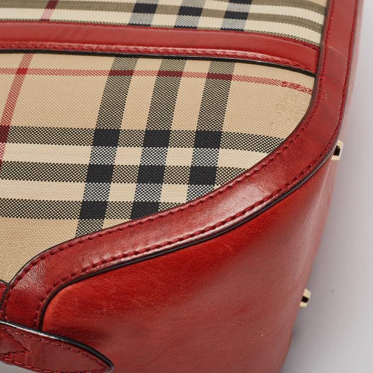 Pre Owned Burberry Beige/Red Haymarket Check Nylon and Leather Small Orchard Bag