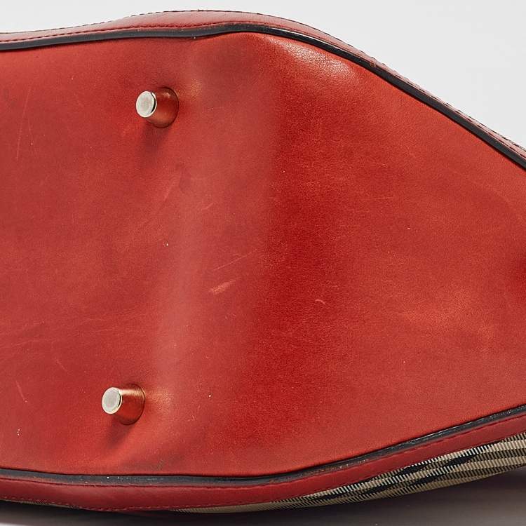 Pre Owned Burberry Beige/Red Haymarket Check Nylon and Leather Small Orchard Bag