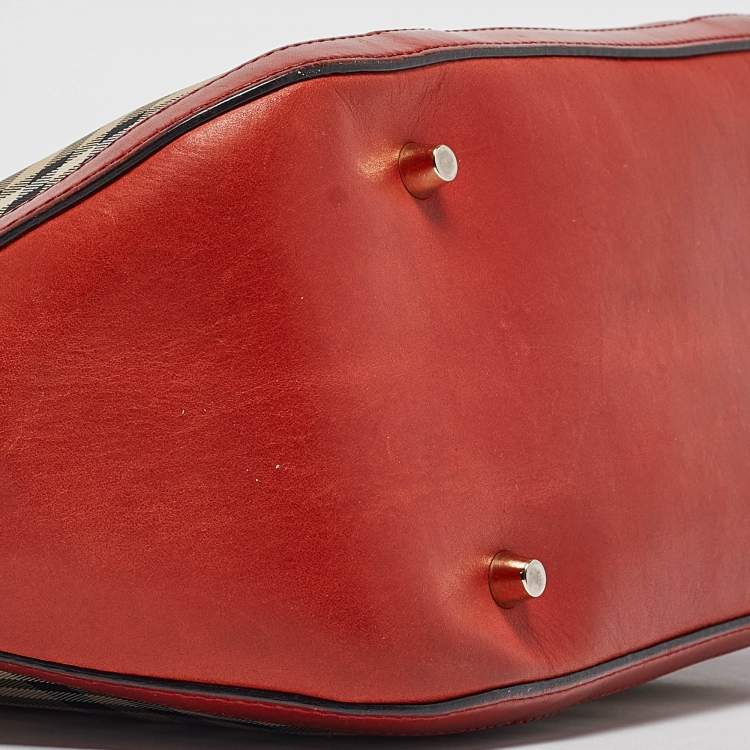 Pre Owned Burberry Beige/Red Haymarket Check Nylon and Leather Small Orchard Bag