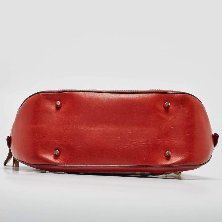 Pre Owned Burberry Beige/Red Haymarket Check Nylon and Leather Small Orchard Bag