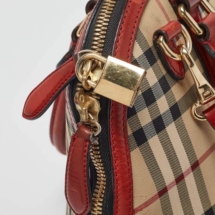 Pre Owned Burberry Beige/Red Haymarket Check Nylon and Leather Small Orchard Bag