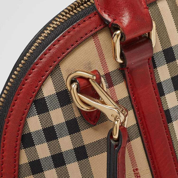 Pre Owned Burberry Beige/Red Haymarket Check Nylon and Leather Small Orchard Bag
