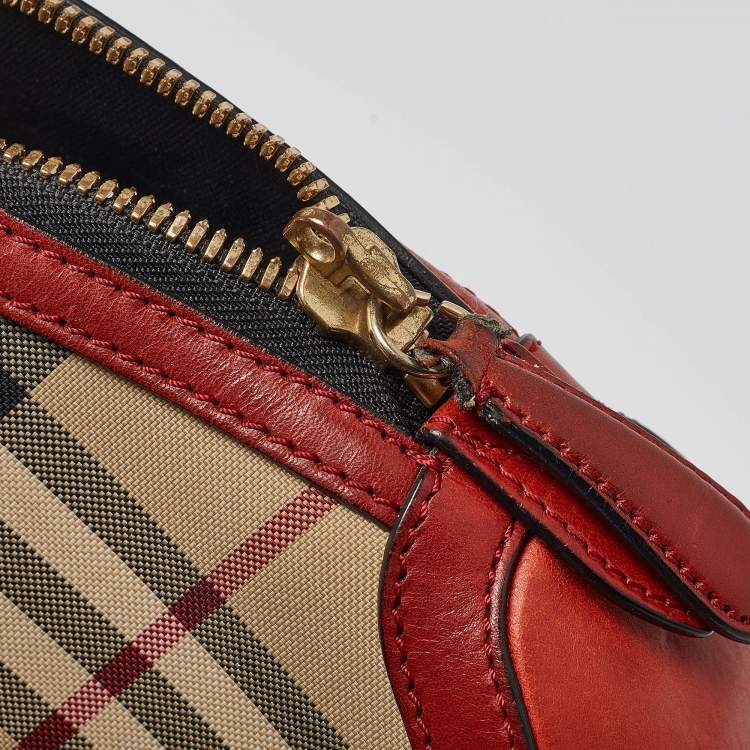 Pre Owned Burberry Beige/Red Haymarket Check Nylon and Leather Small Orchard Bag