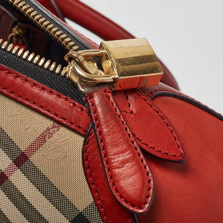 Pre Owned Burberry Beige/Red Haymarket Check Nylon and Leather Small Orchard Bag