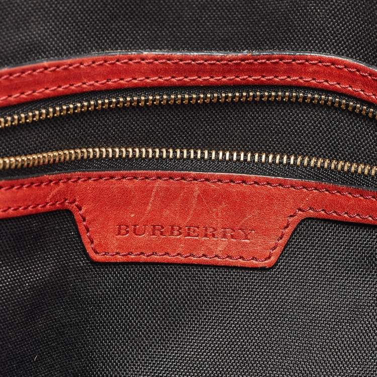 Pre Owned Burberry Beige/Red Haymarket Check Nylon and Leather Small Orchard Bag