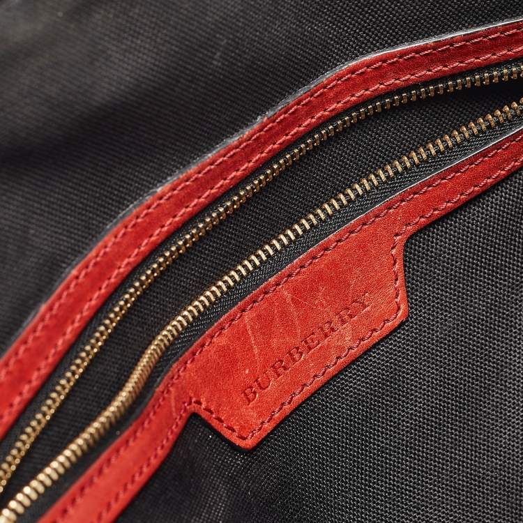 Pre Owned Burberry Beige/Red Haymarket Check Nylon and Leather Small Orchard Bag