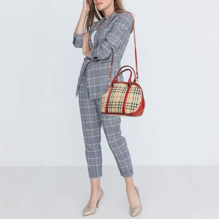 Pre Owned Burberry Beige/Red Haymarket Check Nylon and Leather Small Orchard Bag