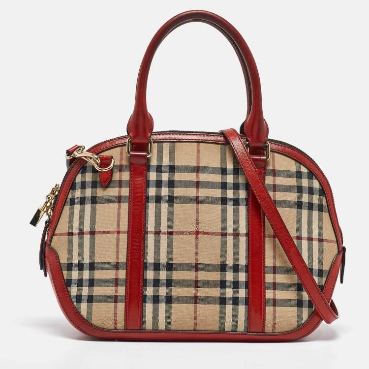Pre Owned Burberry Beige/Red Haymarket Check Nylon and Leather Small Orchard Bag