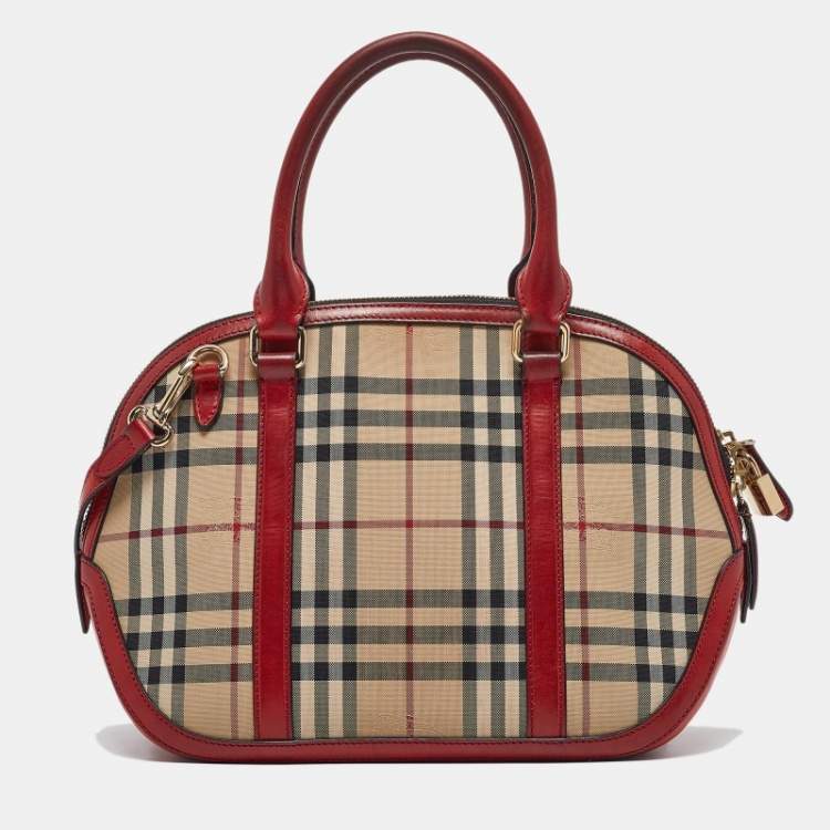 Pre Owned Burberry Beige/Red Haymarket Check Nylon and Leather Small Orchard Bag
