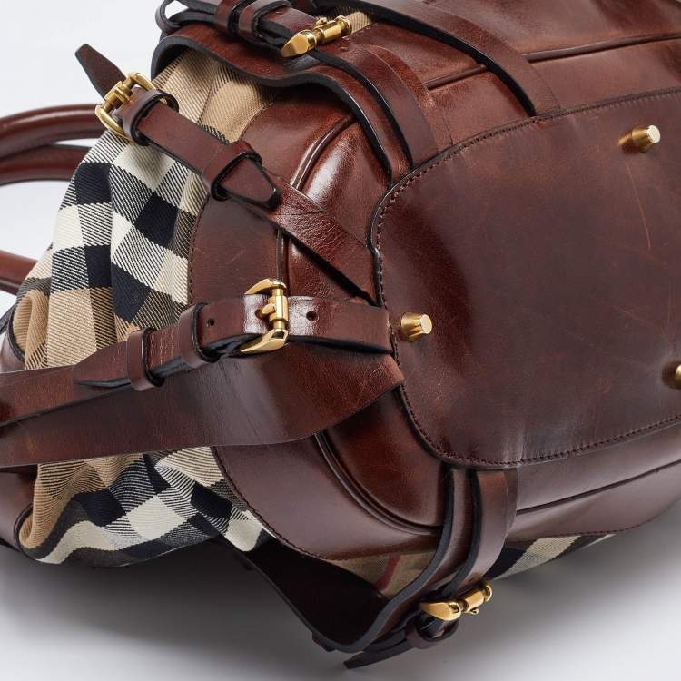 Pre Owned Burberry Brown/Beige House Check Fabric and Leather Tote