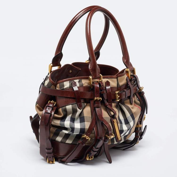 Pre Owned Burberry Brown/Beige House Check Fabric and Leather Tote