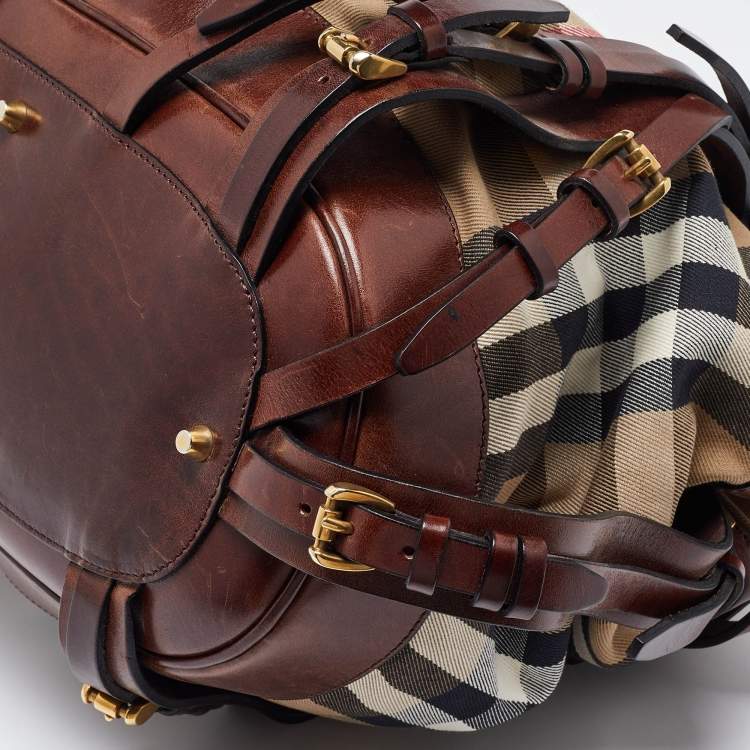 Pre Owned Burberry Brown/Beige House Check Fabric and Leather Tote