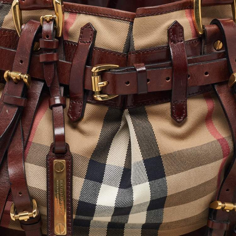 Pre Owned Burberry Brown/Beige House Check Fabric and Leather Tote