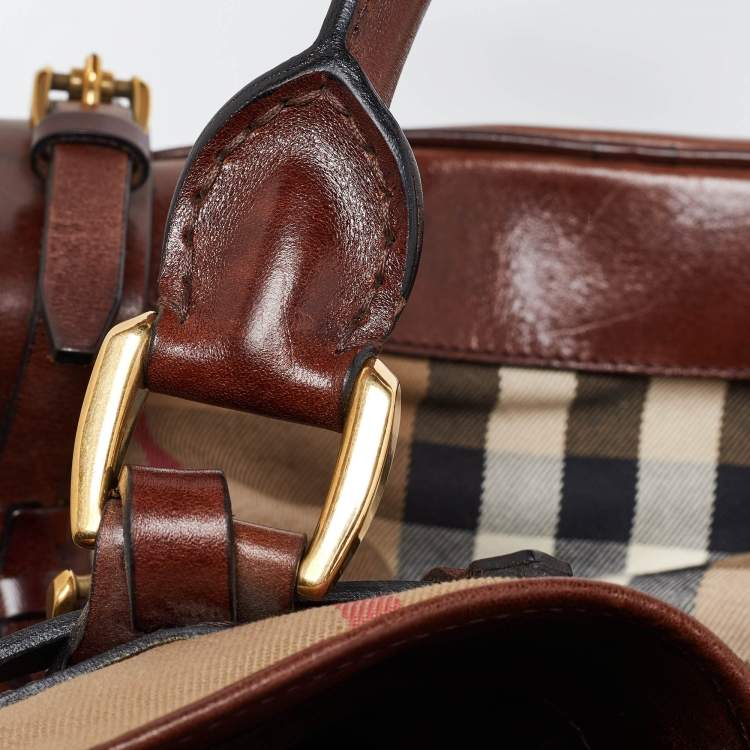 Pre Owned Burberry Brown/Beige House Check Fabric and Leather Tote