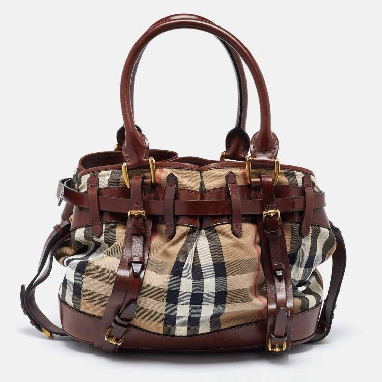 Pre Owned Burberry Brown/Beige House Check Fabric and Leather Tote