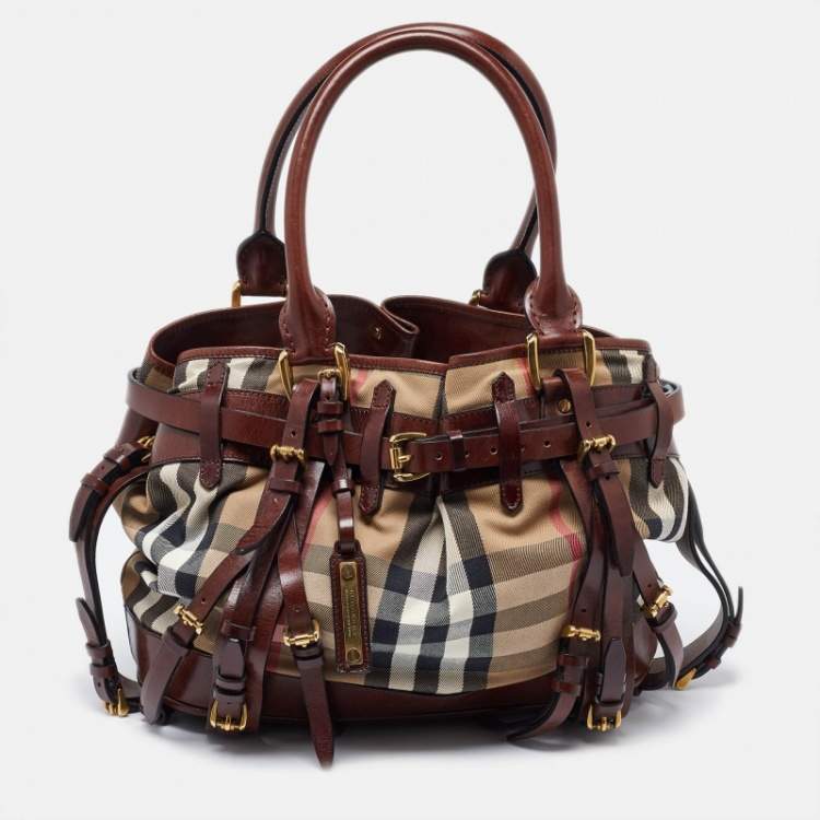 Pre Owned Burberry Brown/Beige House Check Fabric and Leather Tote