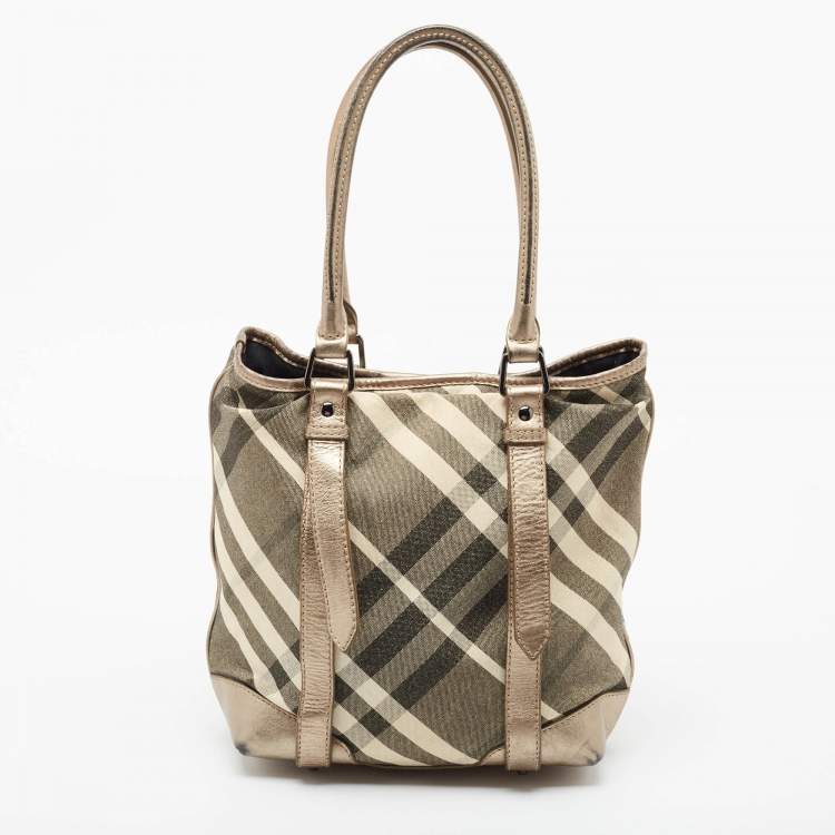 Pre Owned Burberry Metallic Beat Check Shimmer Canvas and Leather Snap Tote