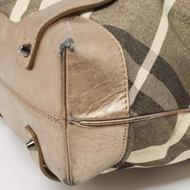 Pre Owned Burberry Metallic Beat Check Shimmer Canvas and Leather Snap Tote