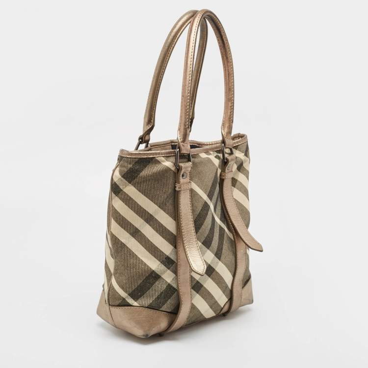 Pre Owned Burberry Metallic Beat Check Shimmer Canvas and Leather Snap Tote