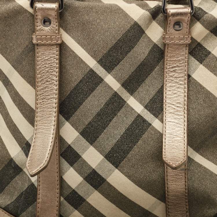Pre Owned Burberry Metallic Beat Check Shimmer Canvas and Leather Snap Tote