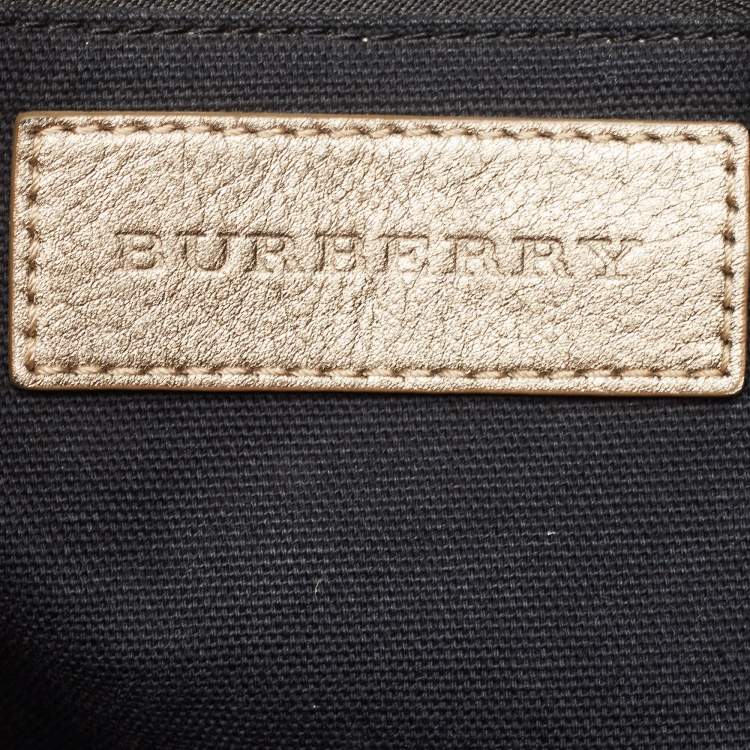 Pre Owned Burberry Metallic Beat Check Shimmer Canvas and Leather Snap Tote