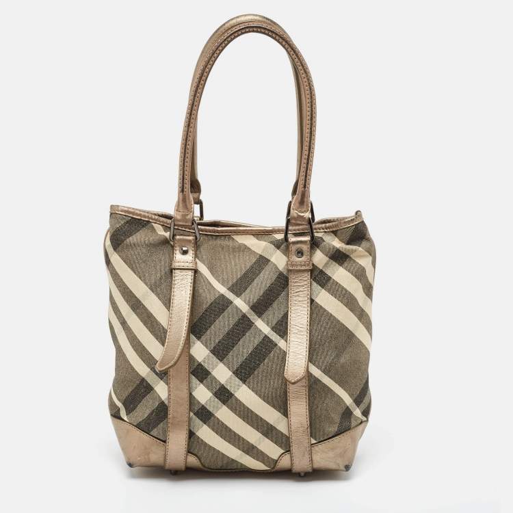 Pre Owned Burberry Metallic Beat Check Shimmer Canvas and Leather Snap Tote