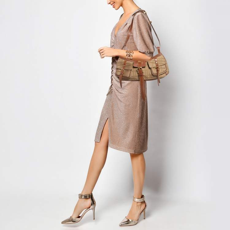 Pre Owned Burberry Beige/Brown Check Fabric and Leather Double Pocket Shoulder Bag
