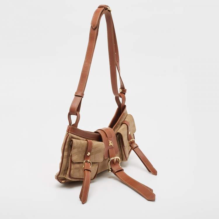 Pre Owned Burberry Beige/Brown Check Fabric and Leather Double Pocket Shoulder Bag