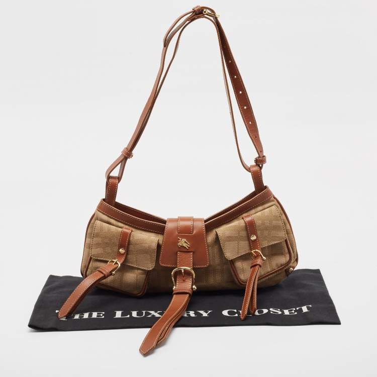 Pre Owned Burberry Beige/Brown Check Fabric and Leather Double Pocket Shoulder Bag