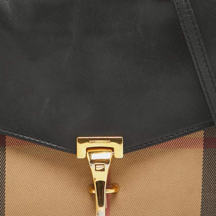 Pre Owned Burberry Black/Beige House Check Fabric and Leather Small Macken Crossbody Bag