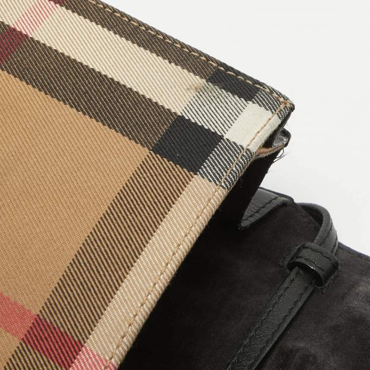 Pre Owned Burberry Black/Beige House Check Fabric and Leather Small Macken Crossbody Bag