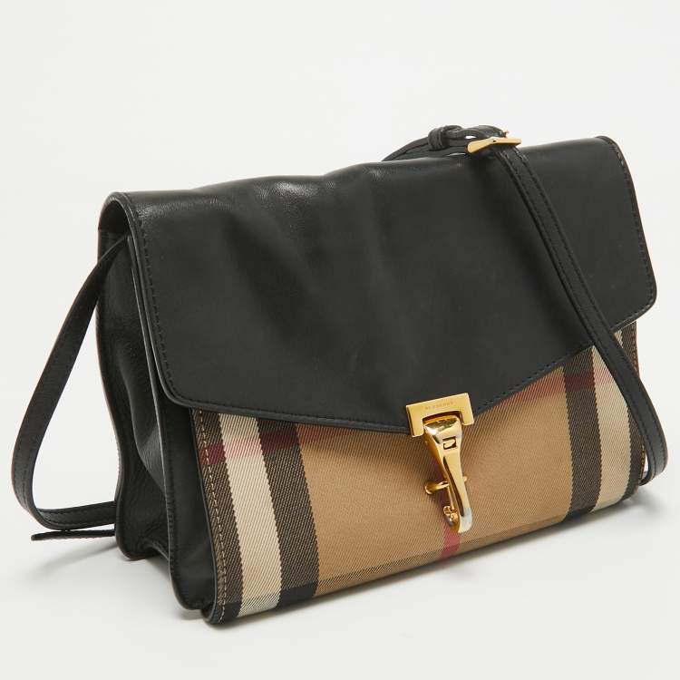 Pre Owned Burberry Black/Beige House Check Fabric and Leather Small Macken Crossbody Bag