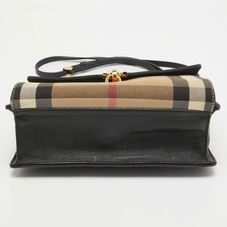 Pre Owned Burberry Black/Beige House Check Fabric and Leather Small Macken Crossbody Bag