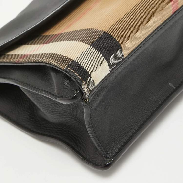 Pre Owned Burberry Black/Beige House Check Fabric and Leather Small Macken Crossbody Bag