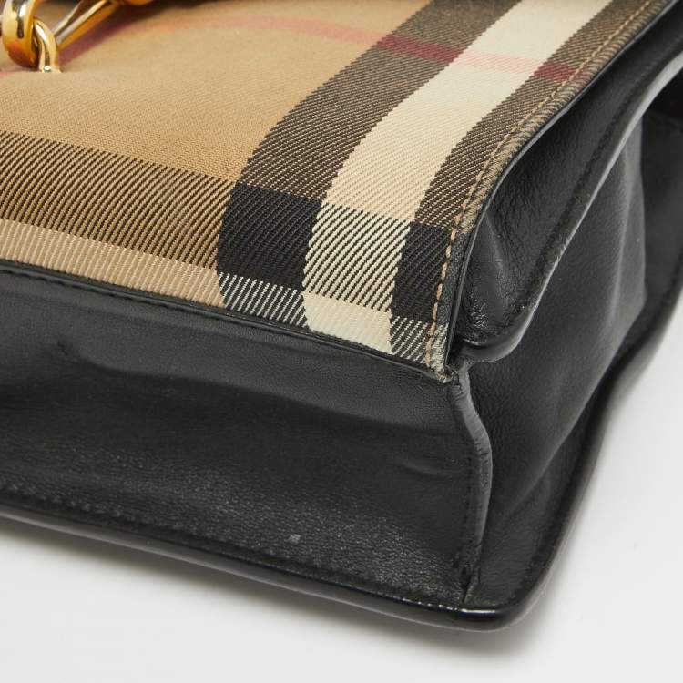 Pre Owned Burberry Black/Beige House Check Fabric and Leather Small Macken Crossbody Bag
