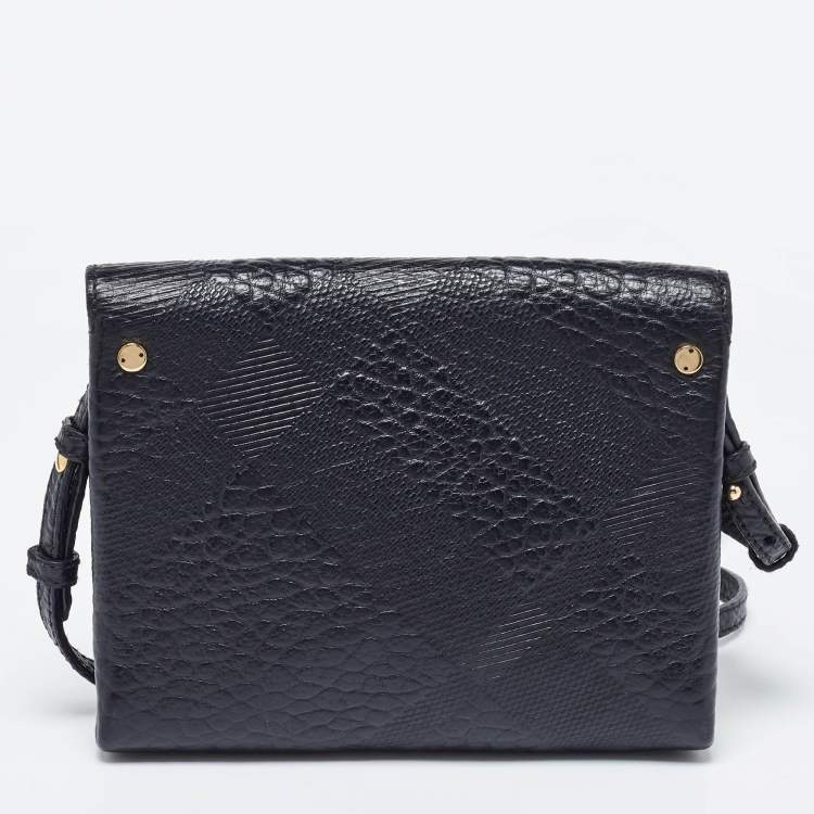 Pre Owned Burberry Black Embossed Check Leather Small Langley Crossbody Bag