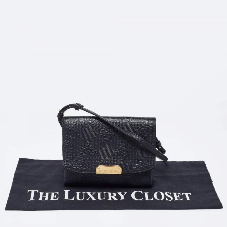 Pre Owned Burberry Black Embossed Check Leather Small Langley Crossbody Bag