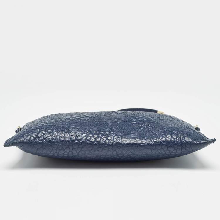 Pre Owned Burberry Navy Blue Grain Check Embossed Leather Peyton Crossbody Bag