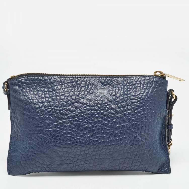 Pre Owned Burberry Navy Blue Grain Check Embossed Leather Peyton Crossbody Bag
