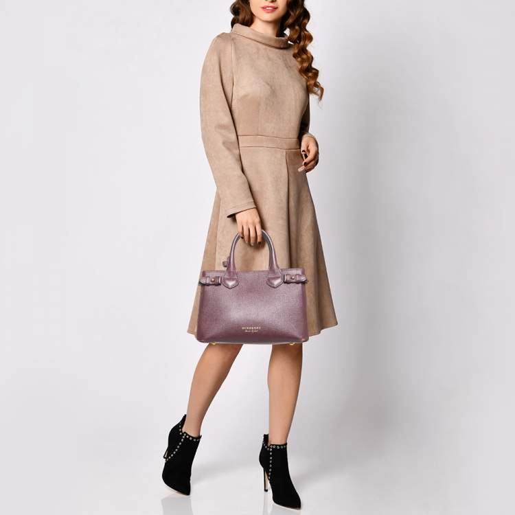 Pre Owned Burberry Burgundy Leather and House Check Fabric Small Banner Tote