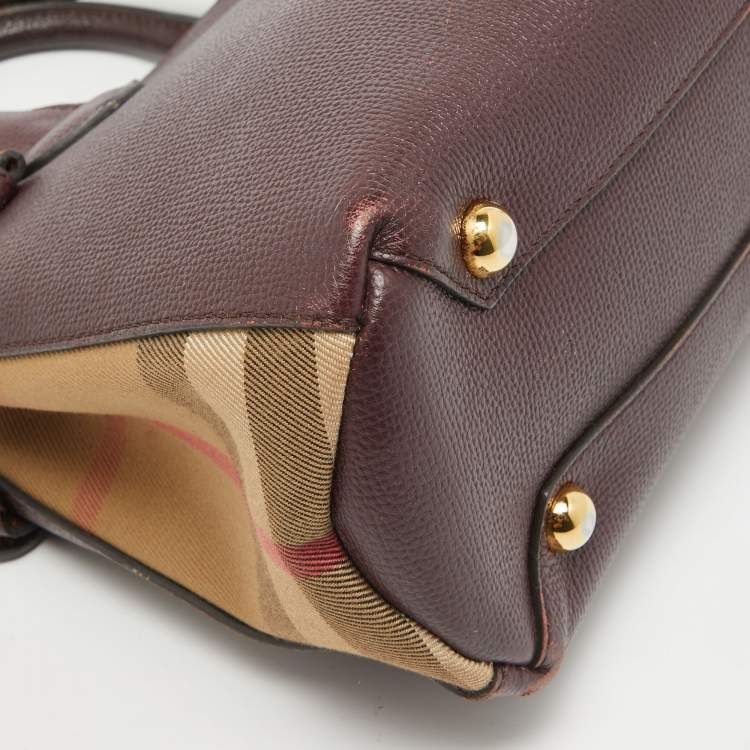 Pre Owned Burberry Burgundy Leather and House Check Fabric Small Banner Tote