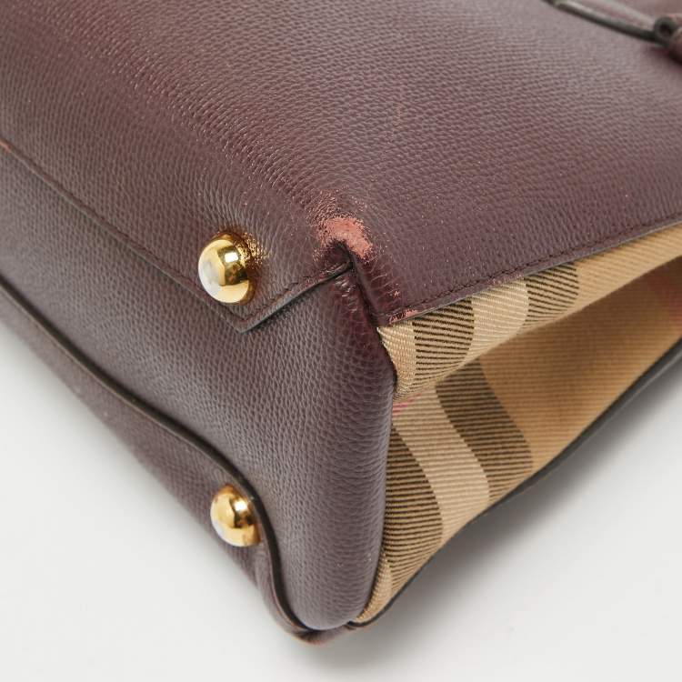 Pre Owned Burberry Burgundy Leather and House Check Fabric Small Banner Tote
