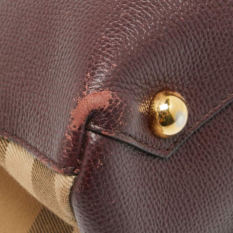 Pre Owned Burberry Burgundy Leather and House Check Fabric Small Banner Tote