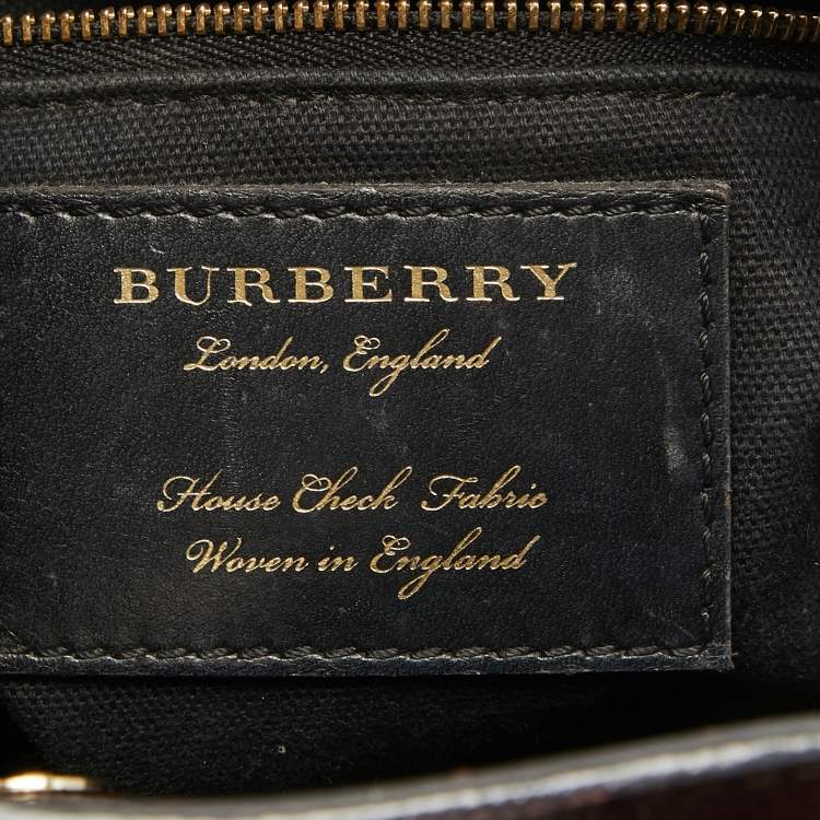 Pre Owned Burberry Burgundy Leather and House Check Fabric Small Banner Tote