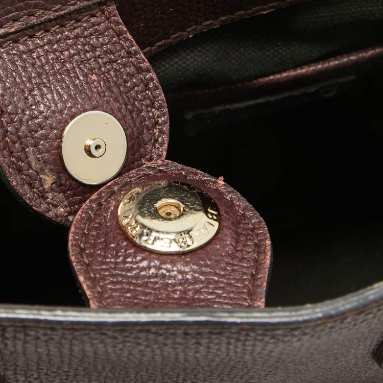 Pre Owned Burberry Burgundy Leather and House Check Fabric Small Banner Tote