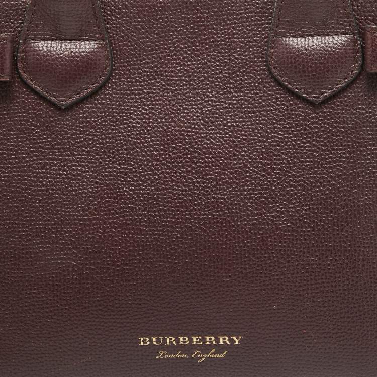 Pre Owned Burberry Burgundy Leather and House Check Fabric Small Banner Tote