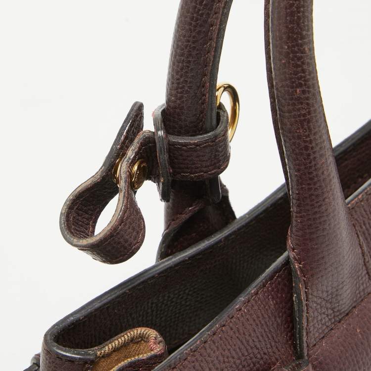 Pre Owned Burberry Burgundy Leather and House Check Fabric Small Banner Tote